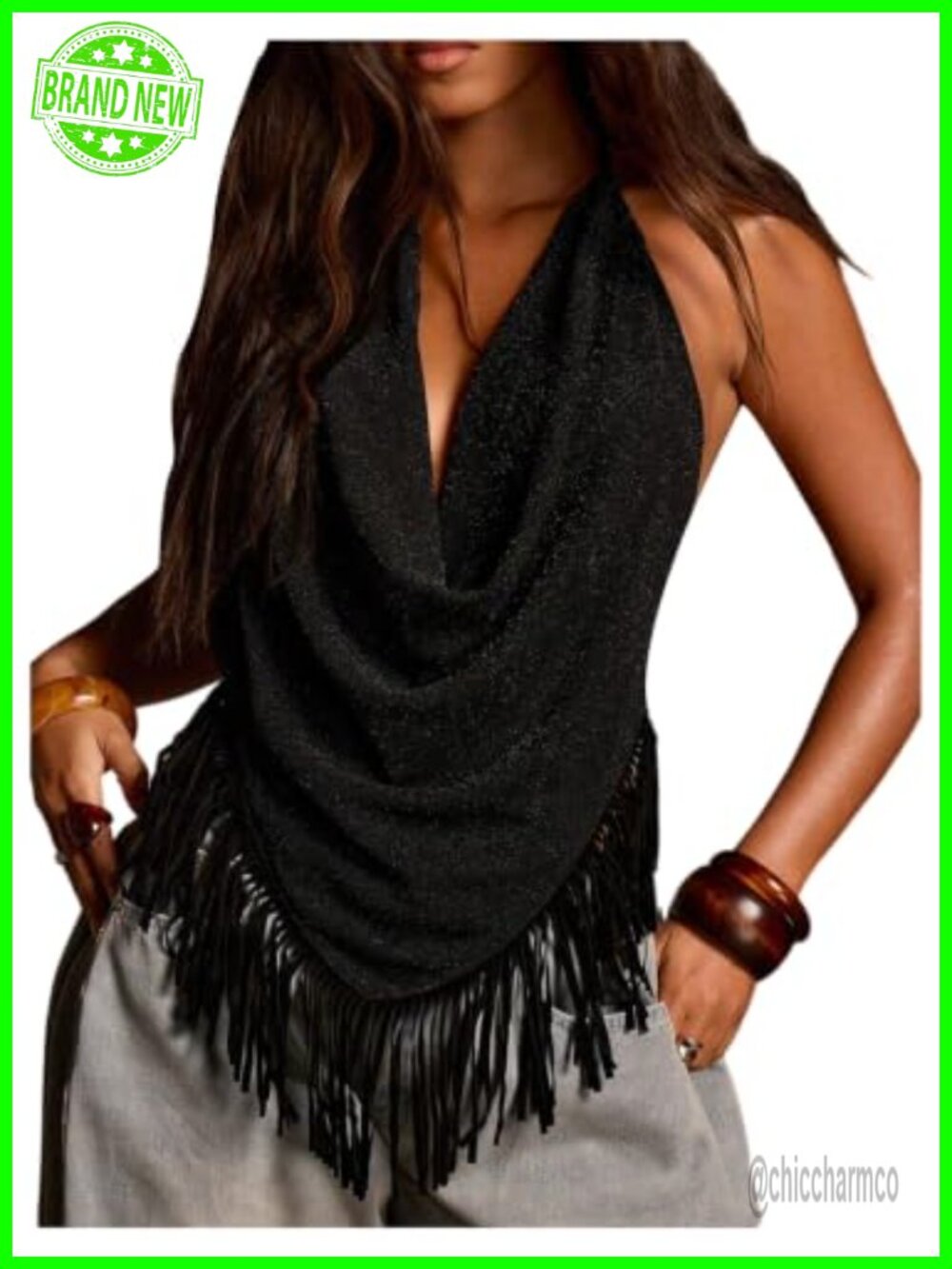 Sparkly Halter Top Deep V Neck Asymmetrical Fringe Backless Tank Party